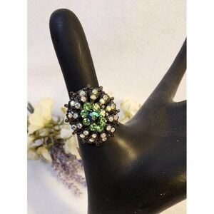 Rhinestone Japanned Metal Dome Ring Cocktail Flower Adjustable Size 6.75